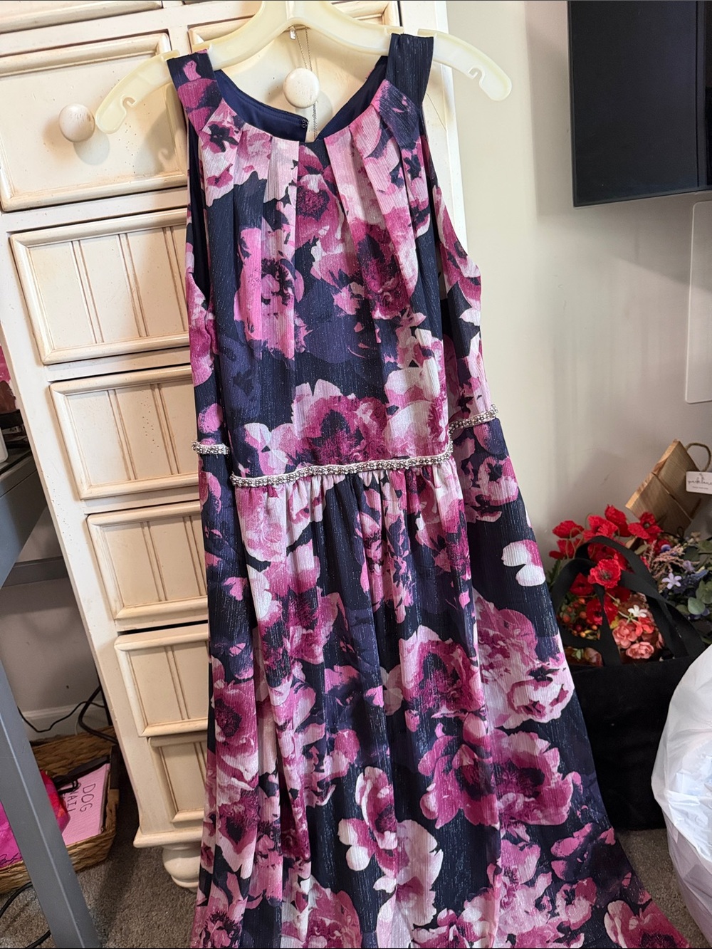 SLNY Navy and Pink Floral Wedding Dress